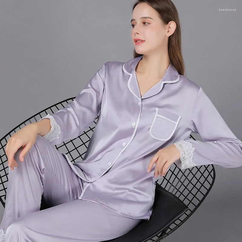 Vêtements de nuit pour femmes 2023 dentelle femmes Sexy pyjamas costume à manches longues pantalon 2 pièces printemps automne fausse soie vêtements de nuit en vrac décontracté maison Pijamas