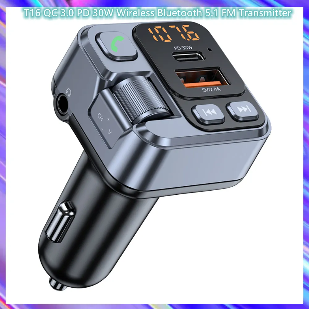 ELEKTRONİK T16 PD 30W Kablosuz Bluetooth 5.1 FM Verici Eller Ücretsiz Araba Kiti MP3 çalar Hızlı Şarj Cihazı