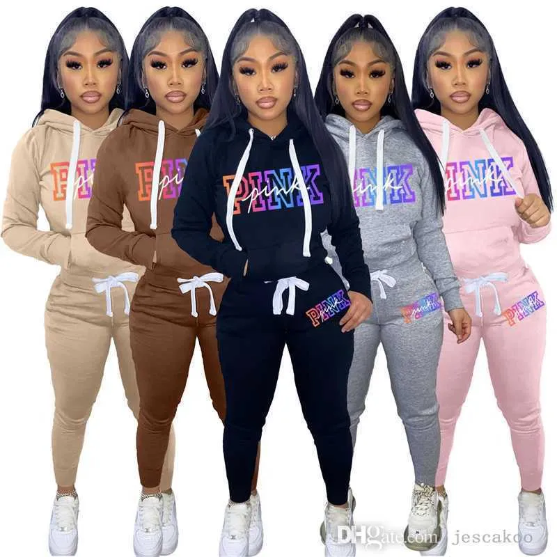 New Women Pullover Hooded Tracksuits Sweatsuits Deisgner Two Pieces Pants Set Letter Printed Plush Drawstring Sweater Suit