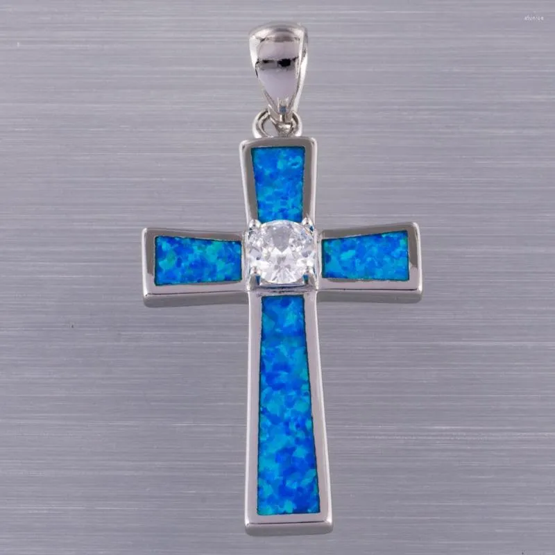 Pendant Necklaces KONGMOON Cross 5mm Round Clear CZ Ocean Blue Fire Opal Silver Plated Jewelry For Women Necklace