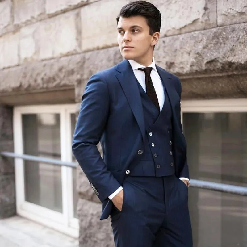 Erkekler lacivert erkekler 3 adet ince fit çentik yaka damat smokin terno düğün blazer (ceket pantolon yelek) kostüm homme