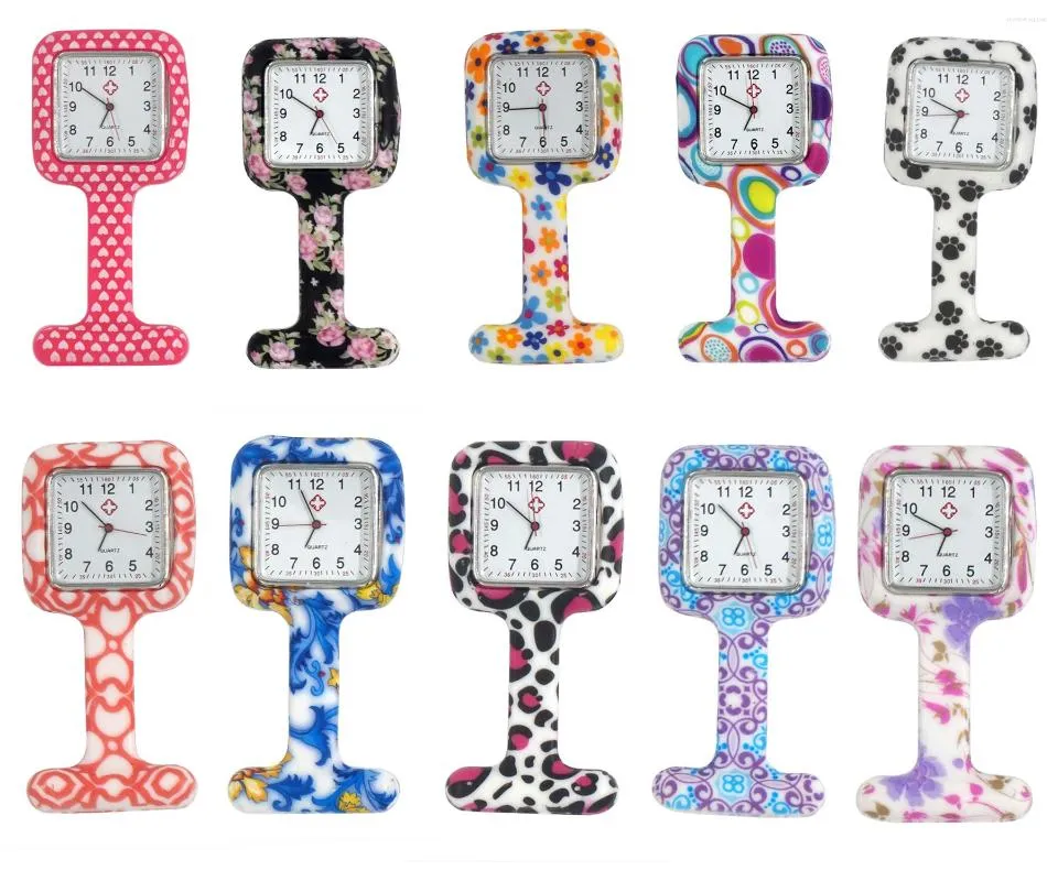 Pocket Watches 10st Square Clip on Silicon Rubber FOB Titta på kvinnor Docter Hanging Gift Floral Printing