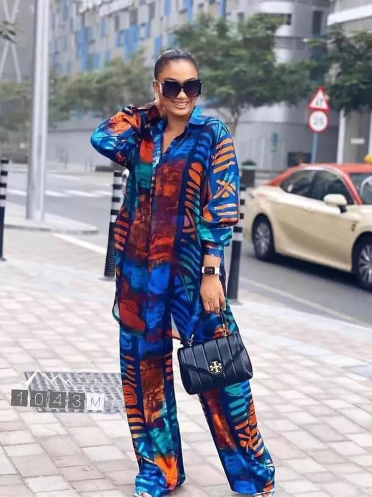 Kvinnor Tvåbitar byxor Fashion Print 2 Piece Pants Set Women Elegant Long Sleeve Bluses Wide Leg Pants Set Tracksuits Outfits Female Two Piece Suits 230216