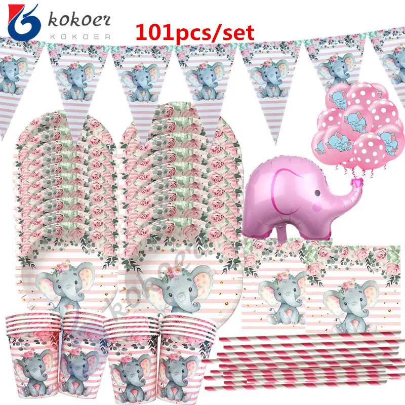 Engångsgäst plattvaror 1set 10-20 Människor Använd elefant födelsedagsfest flickas baby shower bordsartiklar leveranser rosa plattor servetter banners sugrör 230216