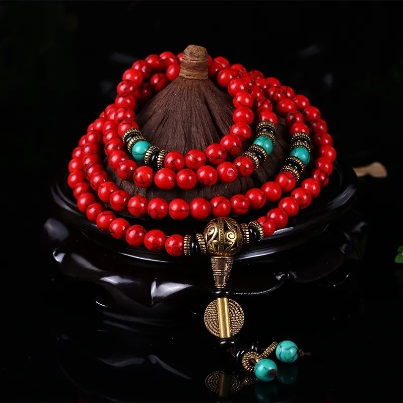 Charm Bracelets Wholesale Buddhist 108 Mala Prayer 8MM Red Pine Stone Bead Men Yoga Meditation Necklace Drop 230215