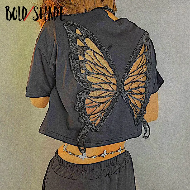 T-shirt Femme Bold Shade Y2K Indie Esthétique Goblincore T-shirts À Manches Courtes Unicolore Papillon Évider Crop Tops Grunge Style Femmes Top 230215