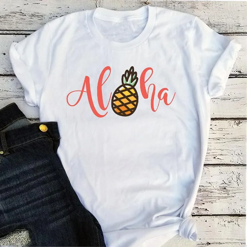 Women's T Shirts Aloha Summer Tee Cartoon Pineapple Girls Harajuku Graphic 2023 Women Fashion Clothing Kawaii Vintage Tops White