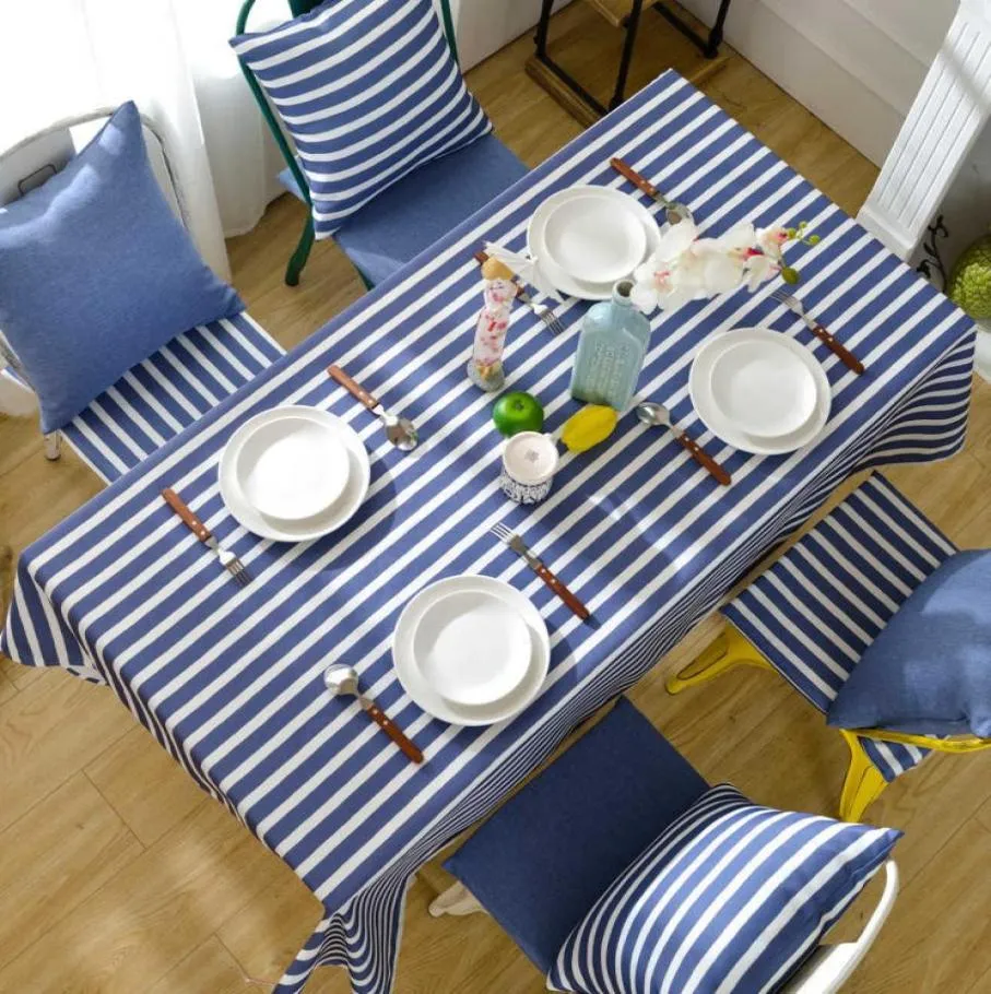 Tkanina stołowa bawełniana poliestrowa wodoodporna gęsta tkanina obrus do stolika prostokąta w stylu śródziemnomorskim niebieski pasek stół okładki J23305184