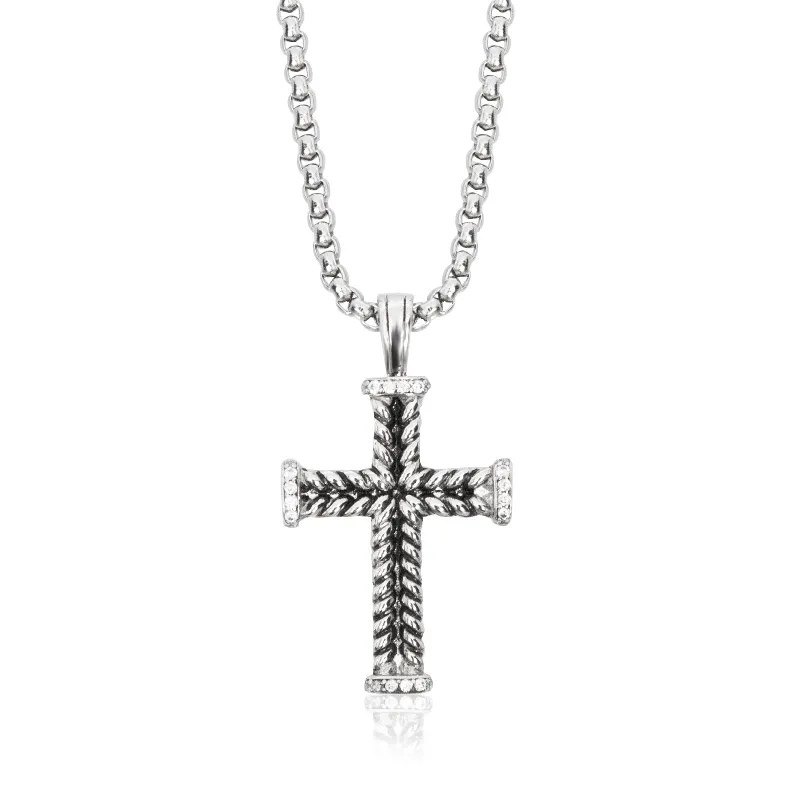 Fashion Silver Chain Retro Cross Men's Pendant Necklace Inlaid with Small Zircons Classic Jewelry Banquet Party Gift