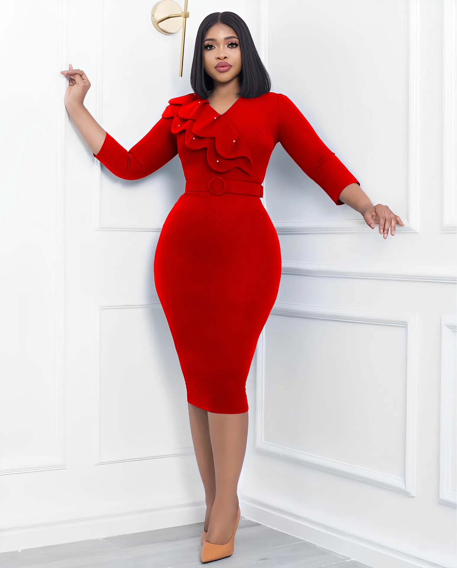 Casual Dresses Autumn and Winter Fashion Dress Women's Solid V-Neck Long Sleeve Pencil Dress Elegant Fitted Dress 230215