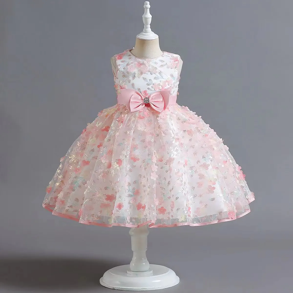 Pink Flower Girls Dresses Applices Sequined Handgjorda bollklänning Ruffles Tulle Pageant Dresses For Girls Baby Wedding Crystal Beaded Birthday Clows