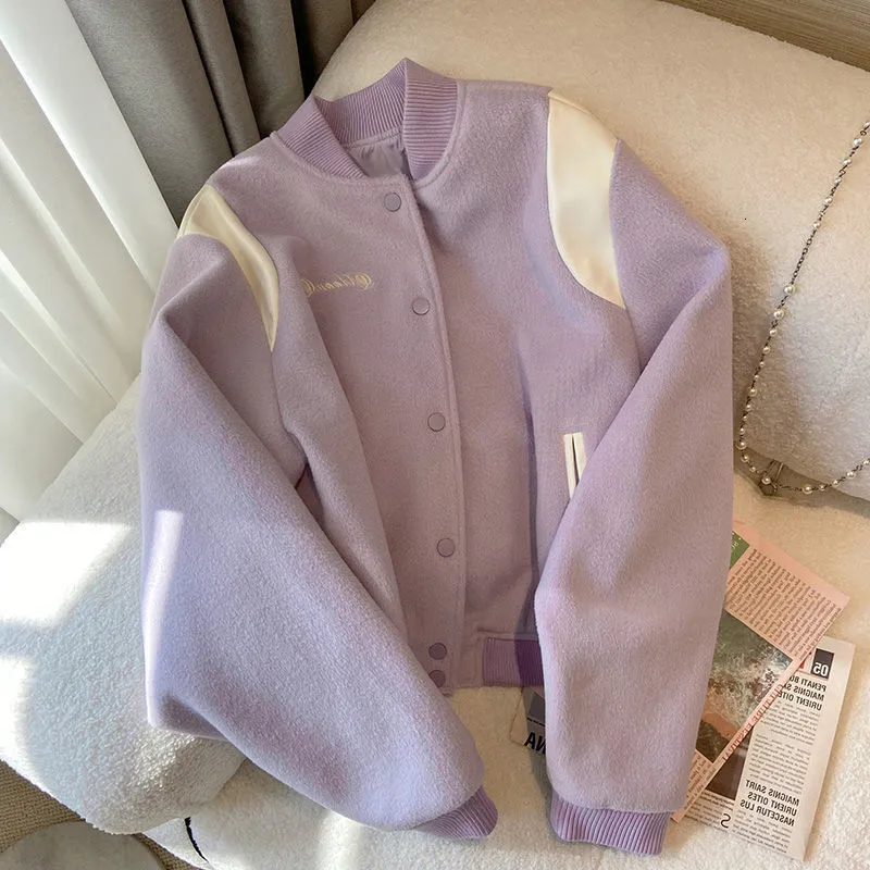 Kurtki damskie Deeptown Baseball Jacket Vintage Harajuku Zagraniczny przycisk Purple Miękkie szykowne ubrania uniwerek zimowe płaszcze koreańskie moda 230216