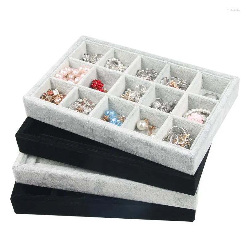 Jewelry Pouches 15 Grids Rings Earrings Display Boxes Gray Color Velvet Organizer Holder Case Women Makeup Storage Casket 22 14 3cm
