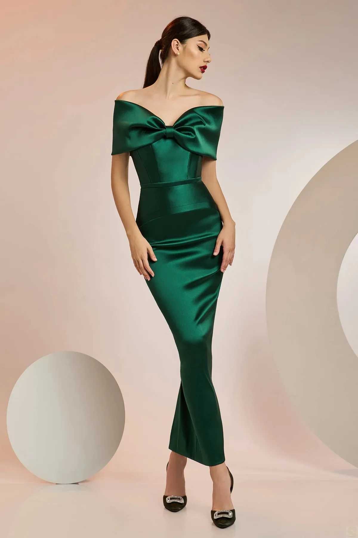Glamorous Prom Dresses Mermaid Deep Satin Strapless with A Bow Off the Shoulder Solid Color Ankle Length Slim Backless Custom Made Zipper Evening Dress Plus Size