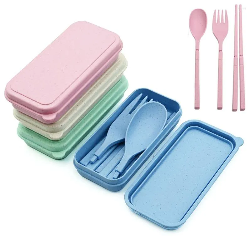 식기 세트 3pcs/4pcs 접이식 젓가락 포크 스푼 저녁 식사 세트 휴대용 여행 칼날 밀짚 식탁 캠핑 박스