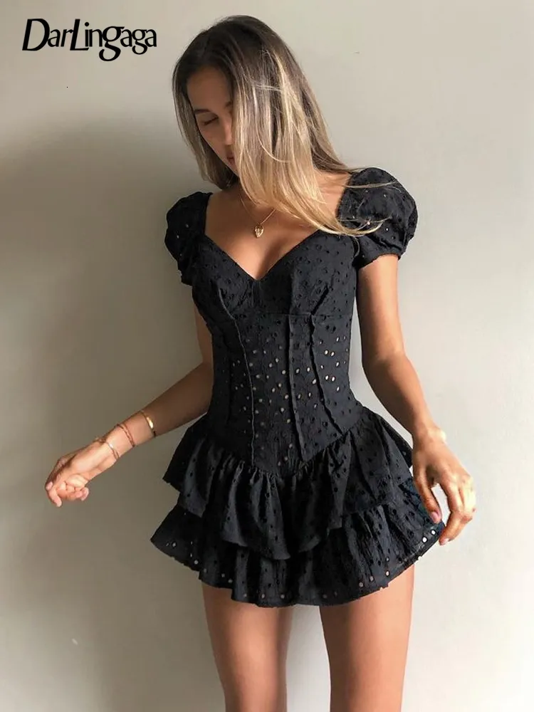 Casual Dresses Darlingaga Fashion V Neck Ruffles Pleated Women Puff Sleeve Chic Black Summer Party Hollow Out Vintage Corset Ladies 230216