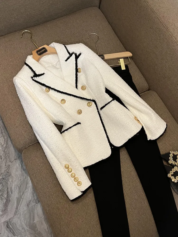 Spring Trim Tweed Blazers White Contrast Color Long Sleeve Notched-lapel Fringe Panelled Double-breasted Outwear Coats O3F152332