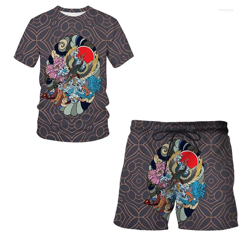 Herrspårar Fashion Casual Set 3D Mysterious Oriental Totem Printed Man Women Sport T-shirt Shorts2 Piece Collar Suit Summer Beach