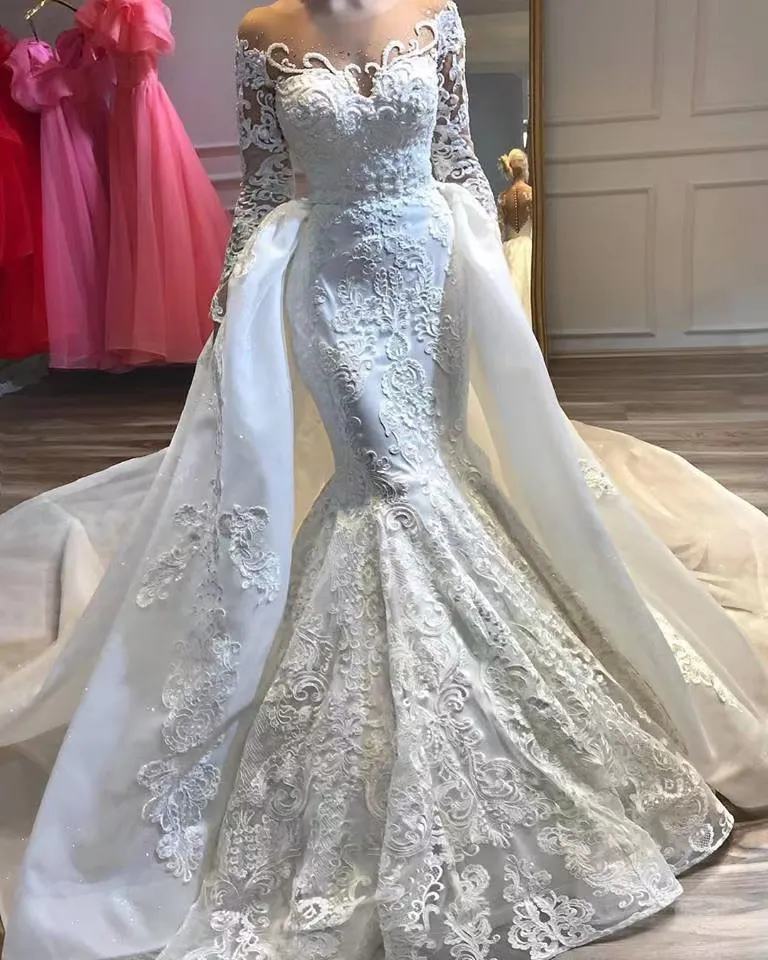 Abito da sposa sirena Arrivo in pizzo a maniche lunghe Musulmana De Noiva Appliques romantici Abiti per increspatura di abiti da sposa su misura da sposa 403