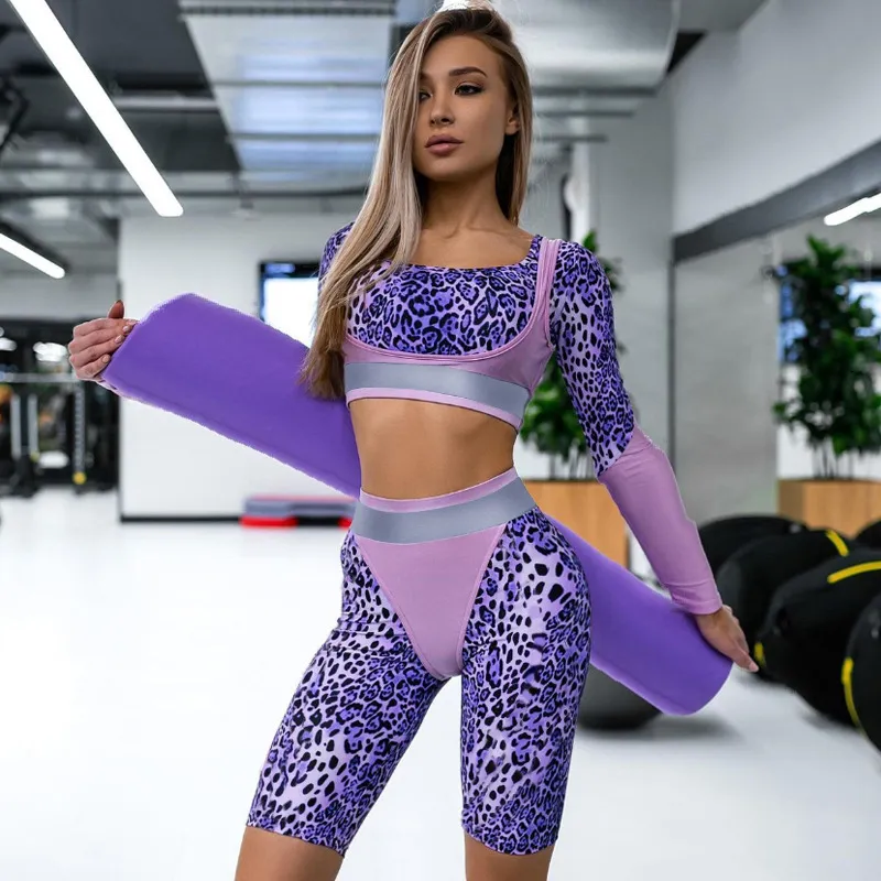 Dames trainingspakken luipaard print vrouwen lange mouw crop top top high taille yoga broek printing 2 -del set naadloos sportpak 230215