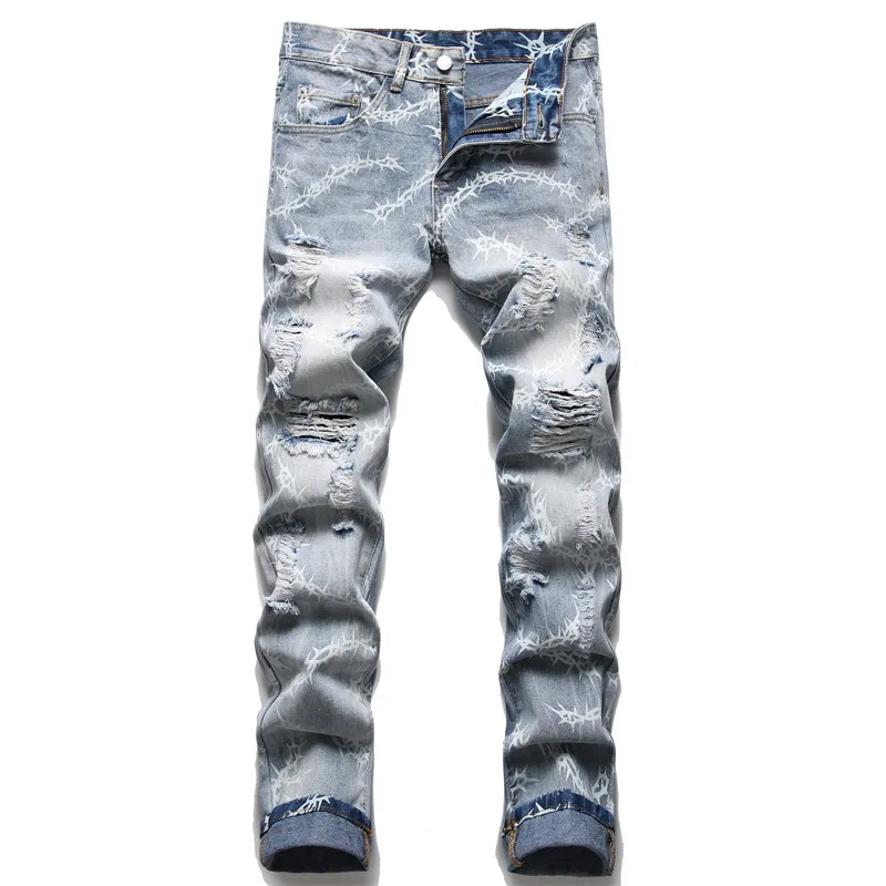 Jeans masculinos jeans jeans homme homens imprimindo streetwear rasgou calças jeans tendência marca calça calcário casual moto -sólido destruído buraco slim fit acozado 230216