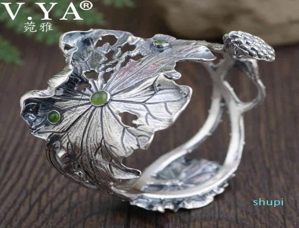 Vya 925 Sterling Silver Cuff armband voor vrouwen Thaise vintage Lotus Leaf Open Bangles Jewelry 2105123574486