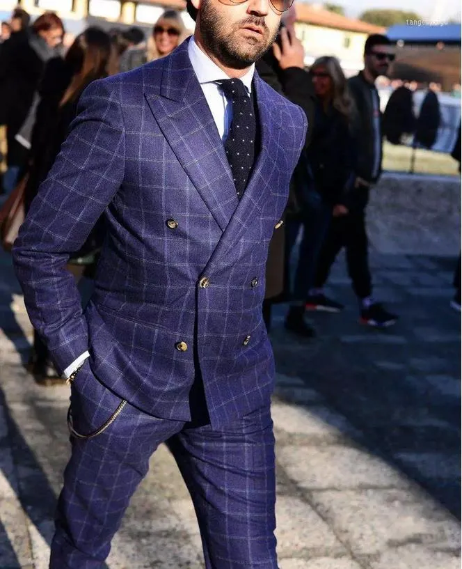Herenpakken Fashion Plaid Navy Cotton Blend dubbele borsten Formele feestkleding Tuxedos Business Peaked Rapel Blazer Made Men