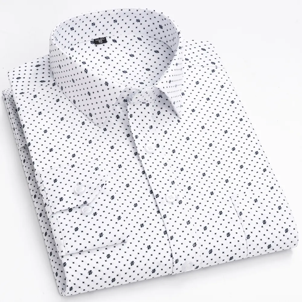 Men's Dress Shirts Classic Long Sleeve Print/striped Basic Single Patch Pocket 65% Cotton Business Standard-fit Office Shirt 230216