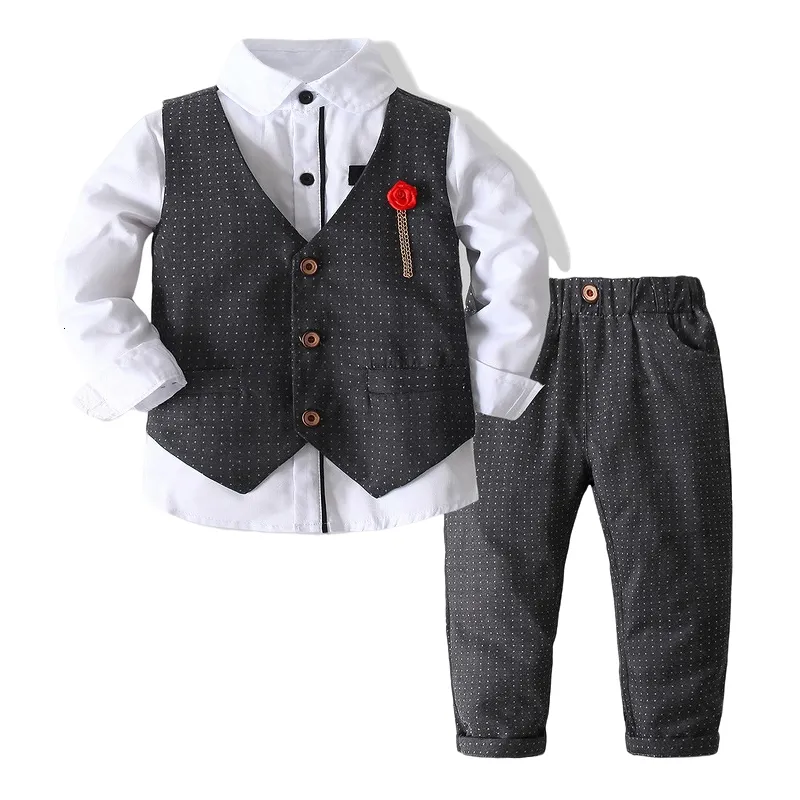 Anzüge Herbst Kinder Jungen Gentleman Kleidung Outfits Langarm Weißes Hemd Weste Hosen Formale 3 Stücke Hochzeit Geburtstag Kleid Anzug 230216