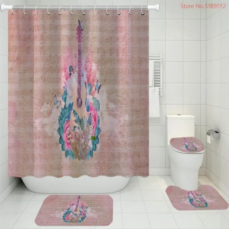 Ensemble d'accessoires de bain 4 pièces Instruments de musique rideau de douche salle de bain guitare feu Note musique avec tapis tapis décor à la maison