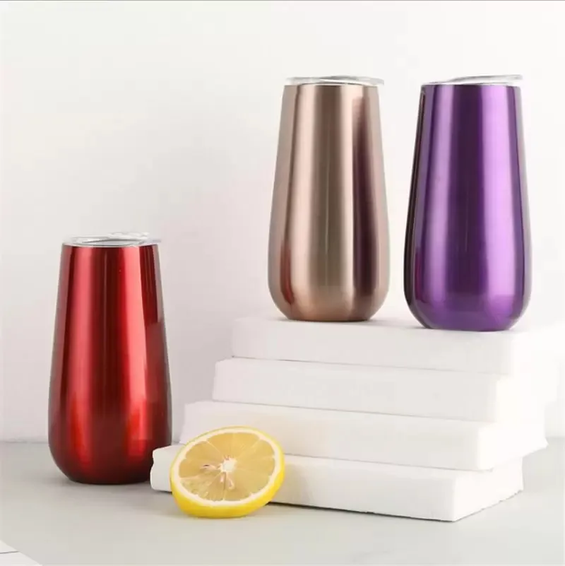 Wholesale 6oz Egg Shape Wine Tumbler Mug Double Wall Stainless Steel Beer Cup Champagne Flutes with Lids For Home Supplies