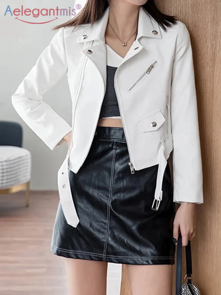 Womens Leather Faux Leather Aelegantmis Korean Casual Slim White Faux Leather Jacket Women with Belt Short PU Jacket Female Elegant Cropped Outwear Fashion 230216