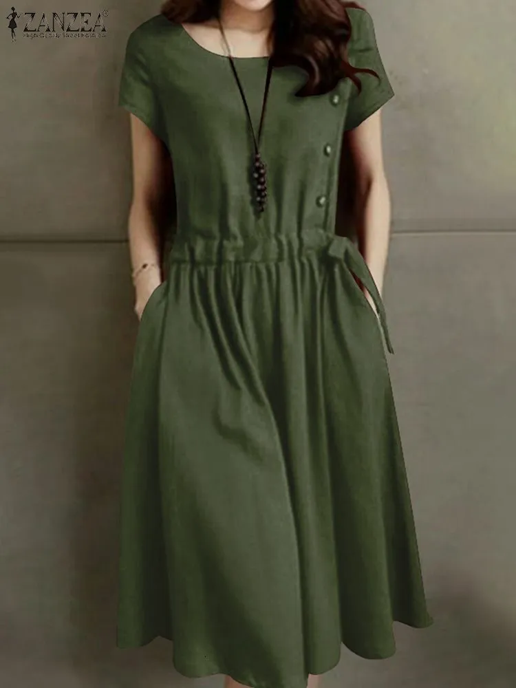 Повседневные платья Zanzea Summer Vintage Hotte Dress Женщины с коротким рукавом с твердым рукавом на талии сахар