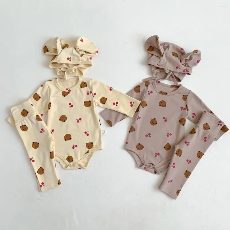 Clothing Sets Born Baby Unisex Thermal Underwear Set Girls Cute Bear Bodysuit High Waist Leggings Big Ear Cap 3pc Boys Pajama Suit