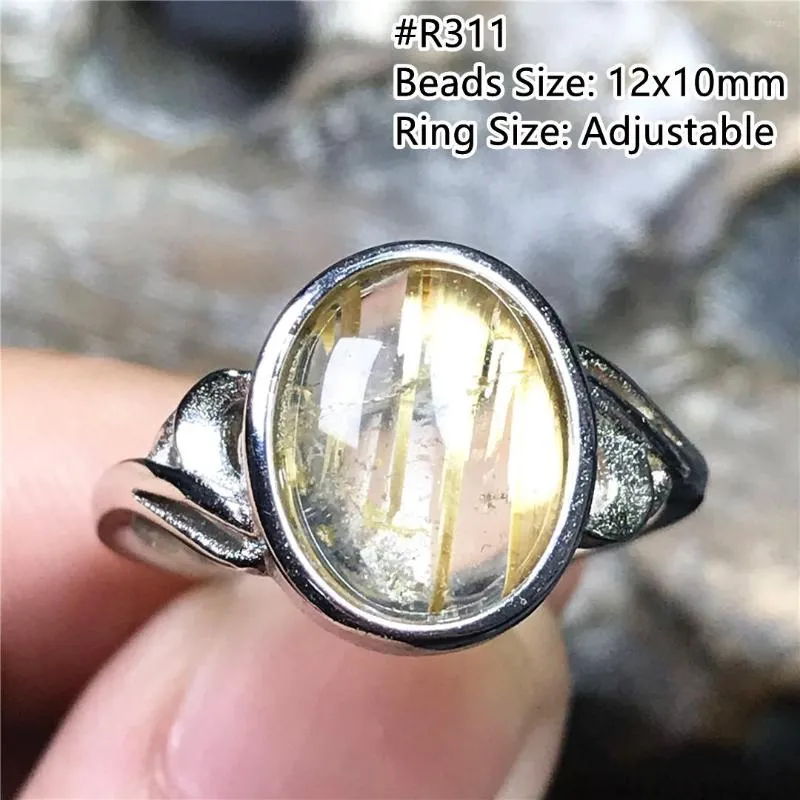 Cluster Rings 12mm Natural Gold Rutilated Quartz Ring For Woman Man Gift Wealth Luck Crystal Oval Beads Silver Adjustable Jewelry