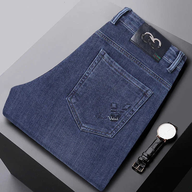 Lichte premium luxe jeans live uitzending herfst en winter rechte tube busin hoge elastische zachte broek mannen