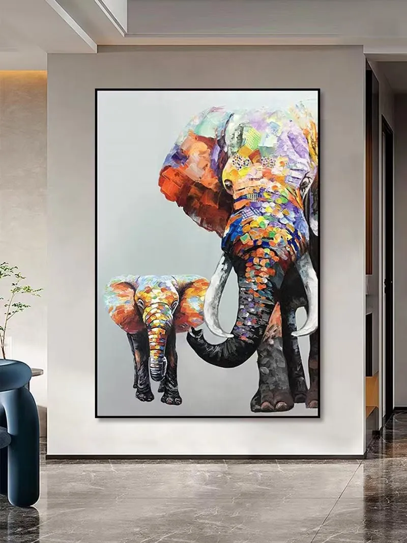 Encadré Coloré Éléphant Animal Peinture 100% Peint À La Main Salon Décoration Pop Toile Art A 801