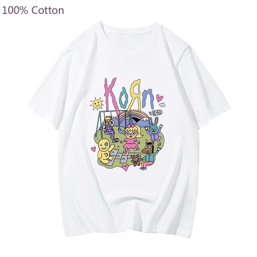 Homens camisetas Korn Music Band Cartoon T-shirt Mens Verão Manga Curta Camiseta 100% Algodão de Alta Qualidade Camisetas Casual Streetwear Hip Hop L230216