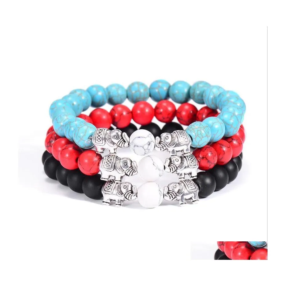 Charm Bracelets Fashion Sier Elephant Beads Bracelet Unique Colorf Natural Stone Strand Distance For Men Women Jewelry Drop Delivery Dhyz8