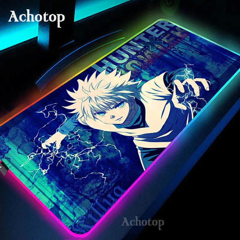 Muisblokken Pols Rests Anime Hunter X Hunter Mouse Pad RGB 80x30 Game 2mm Mousepad Oversized laptop toetsenbordkussen LED Lichttafelmat voor het spelen van games T230215