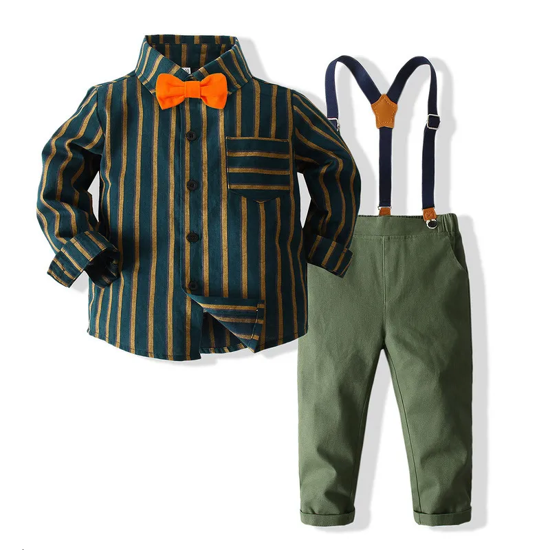 Suits Autumn Fashion Kids Boys Gentleman Suit Clothing Long Sleeve Bowtie ShirtSuspender Pants Sets Children Baby Boys Suit 230216