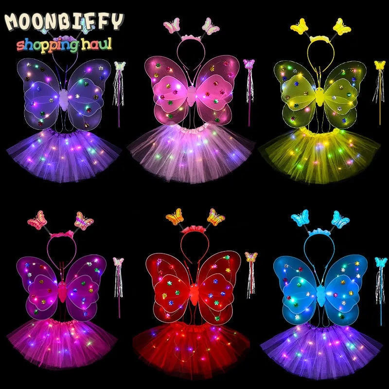 LED Rave Toy 2-6 yeear dzieci Costume Props Dziewczęta spódnice Anioł Lumainous Wing Flash Butterfly Lights Suit Kostium księżniczki 230216