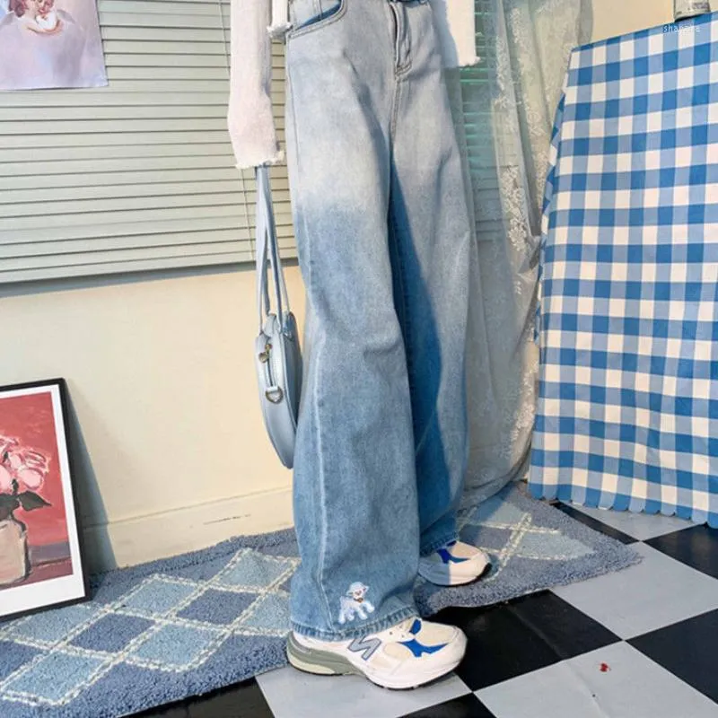 Women's Pants Jeans Woman High Waist Kawaii Sheep Embroidery Wide Leg Y2k 2023 Spring Korean Fashion Casual Cute Blue Trousers