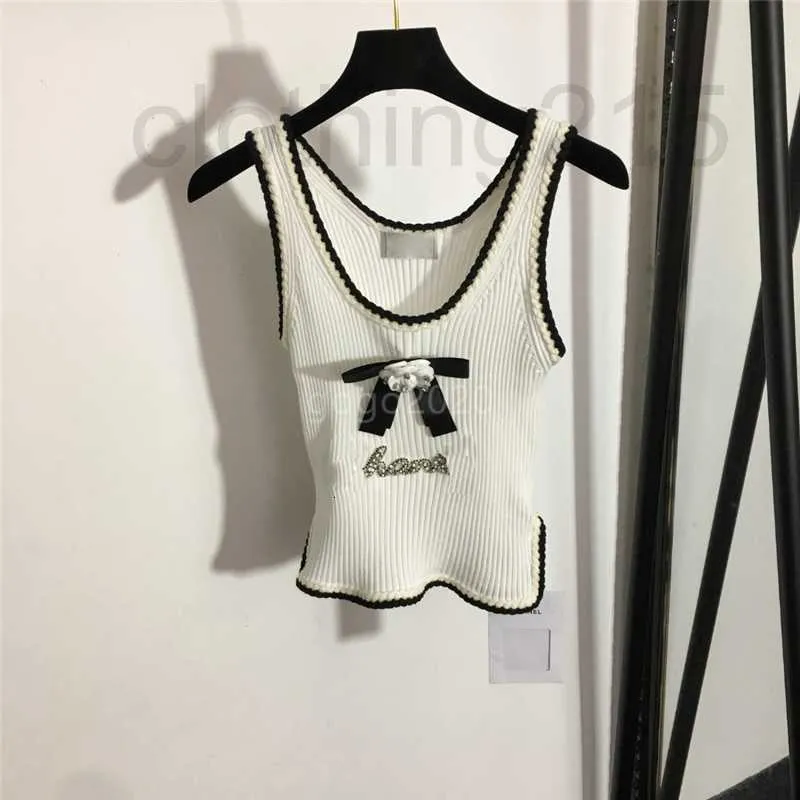 Kvinntankar Camis Designer 2022 Womens Summer Bow Knit Tee Designer Tops With Letter Crystal Female Milan Runway Cotton Crop Top T-shirt kl￤der High End 9G46