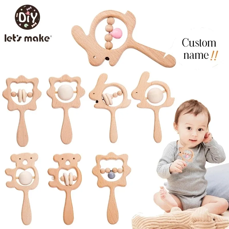 Rattles Mobiles 1PC Baby Wooden Rattle Beech Animal Hand Teething Wooden Ring Makes A Sound Montessori Educational Toy Attract Attention 230216