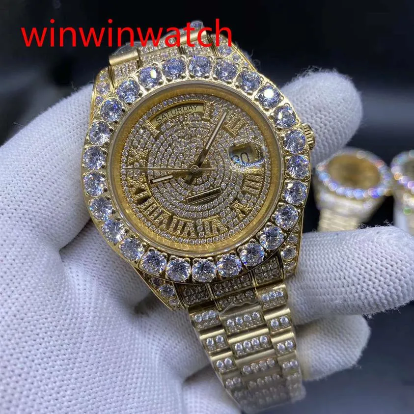 NOUVEAU luxe 43mm or gros diamant mécanique homme montre or diamant visage automatique en acier inoxydable hommes ensemble de broches watches3048