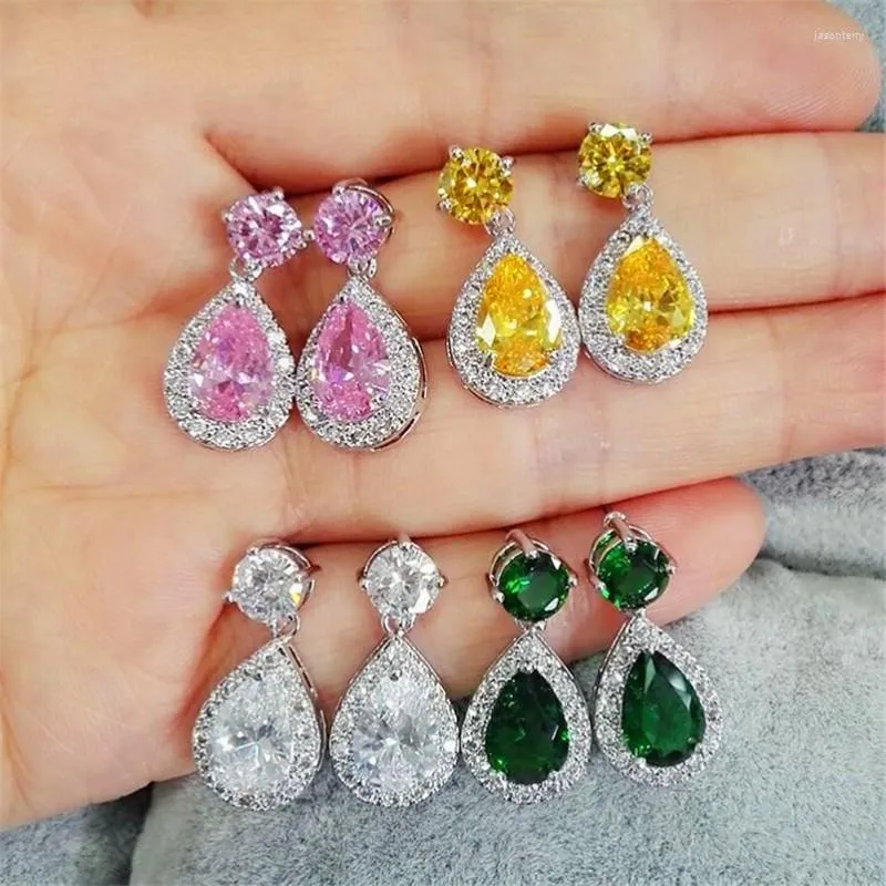 Pendientes colgantes de moda para mujer, Plata de Ley 925, zafiro blanco, rosa, topacio, Esmeralda, gota de agua, largos, joyería de boda