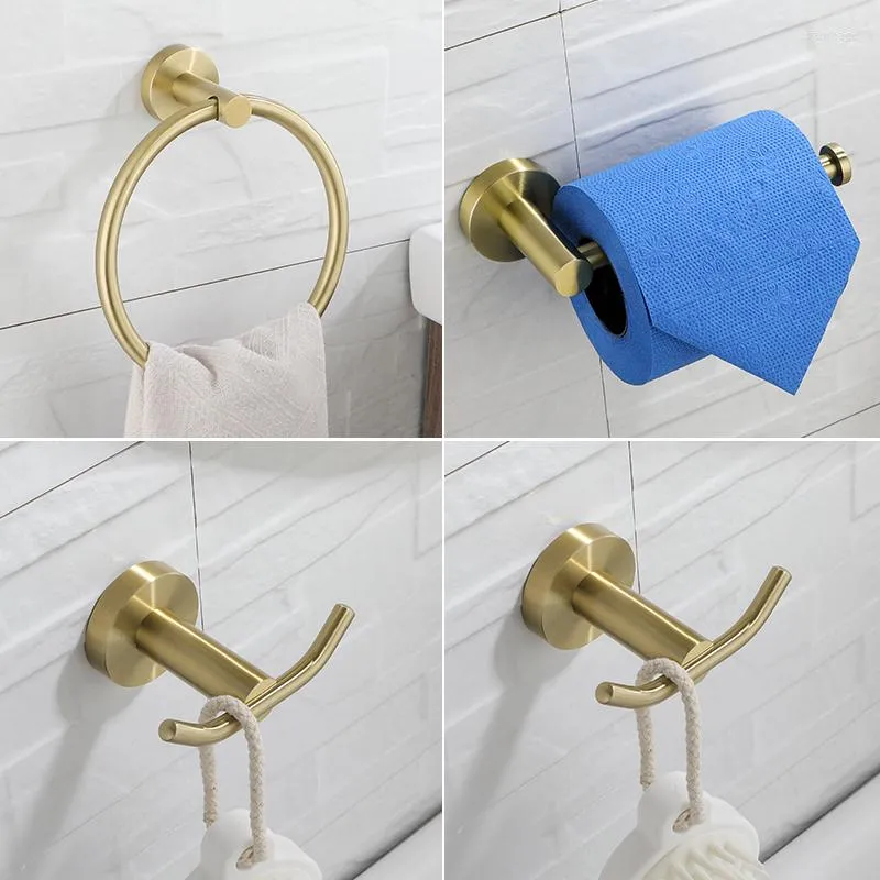 Conjunto de acessórios de banho Gold escovado aço inoxidável de aço montado na parede Mão toalha de toalha Rack de papel higiênico suporte de papel 2 PCs ganchos acessórios de banheiro