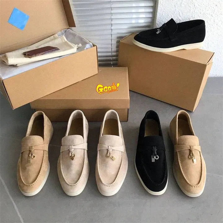 mens Womens fashion Casual shoes loro piana Suede loafers Designer Classic buckle round toes Flat heel Rubber platform Leisure comfort Four seasons