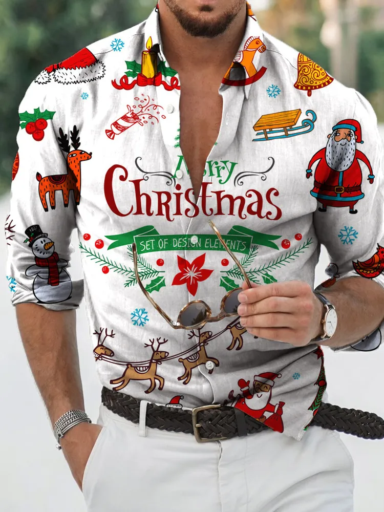 Мужские повседневные рубашки Мужские рождественские рубашки кубинские воротницы с коротким рукавом топы уличной одежды для мужчин Праздничная вечеринка мужская одежда Санта -Клаус Блузки 230216